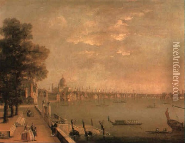 View Of The River Thames With St. Paul's Cathedral Oil Painting - William Marlow