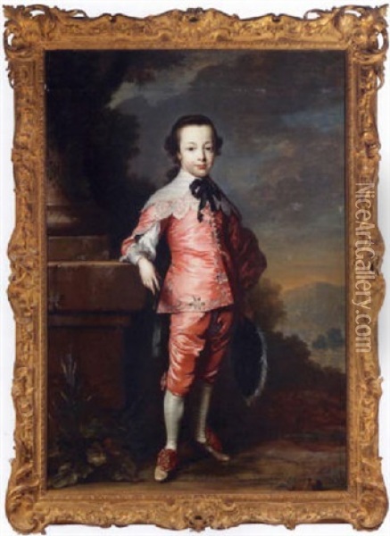 Portrait Of John Smyth, When A Boy, Wearing Van Dyck Costume, His Right Arm Resting On A Plinth Oil Painting - Frans Van Der Myn