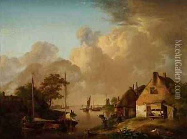 River landscape with village, barges and peasants Oil Painting - Jan van Os