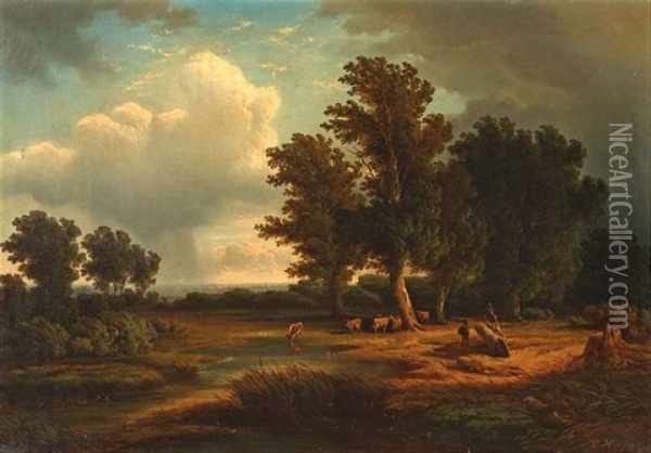 Wolkenverhangene Sommerlandschaft Mit Viehherde An Einem Gewasser Oil Painting - Carl Hafner