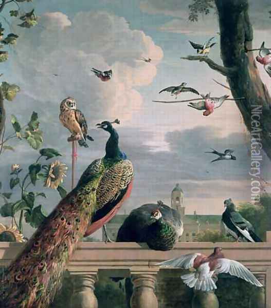 Palace of Amsterdam with Exotic Birds Oil Painting - Melchior de Hondecoeter