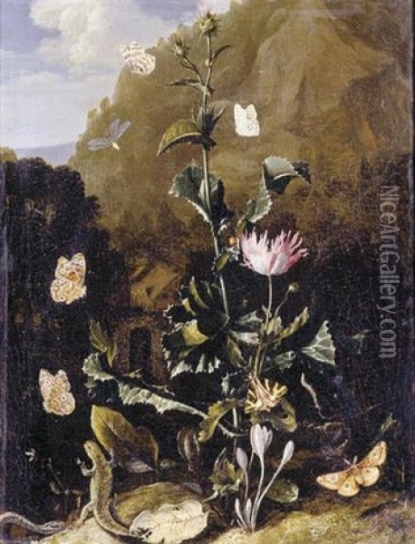 Still Life Of A Thistle And Other Flowers Surrounded By Moths, A Dragonfly, A Lizard And A Snake, In A Landscape Oil Painting - Otto Marseus van Schrieck