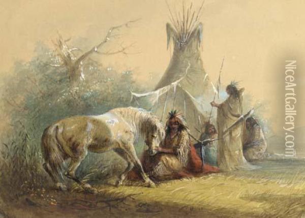 Shoshone Indian And His Pet Horse Oil Painting - Alfred Jacob Miller