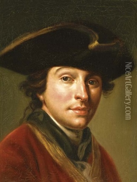 Portrait Of The Artist Anton Von Maron In A Red Coat And Black Hat Oil Painting - Martin Knoller