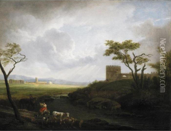 Paesaggio Della Campagna Romana Con Figure, Animali E Un Castello Oil Painting - Hendrik Frans Van Lint