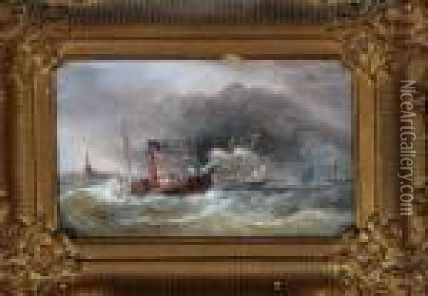 A Paddle Tug And Other Shipping Entering Port Before An Oncoming Storm Oil Painting - Samuel Walters
