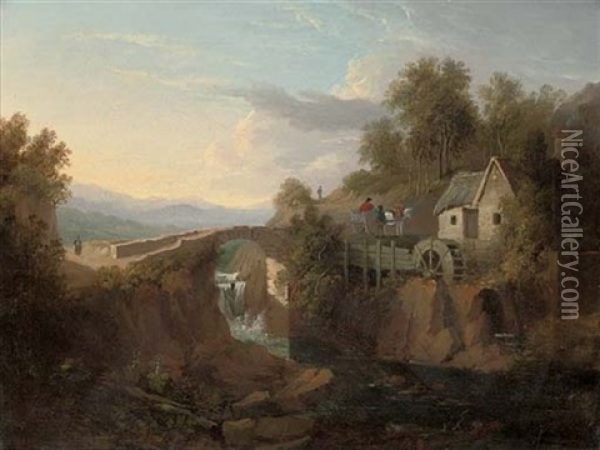 A Wooded Hilly River Landscape With A Watermill, And Figures And A Horse And Cart Beyond Oil Painting - John (of Liverpool) Bird