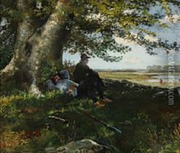 Two Hunters Resting Oil Painting - Hans Nikolaj Hansen