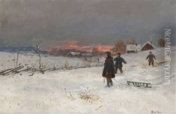 Barn Med Kjelker Oil Painting - Karl Edvard Diriks