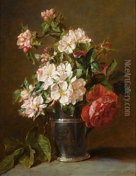 A Still Life Of Roses And Apple Blossom Oil Painting - Adriana-Johanna Haanen