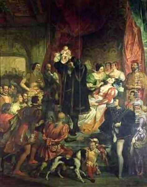 The Birth of Henri IV 1553-1610 at the castle of Pau Oil Painting - Eugene Francois Marie Joseph Deveria