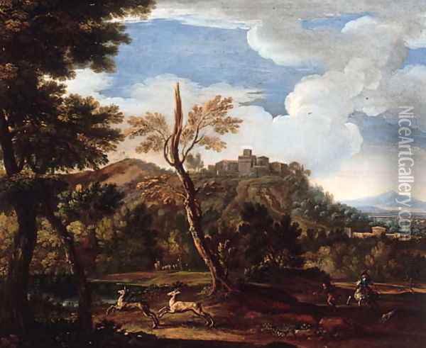 An extensive landscape with a deer hunt Oil Painting - Jan Wyck