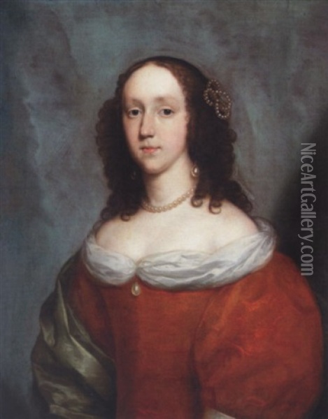 Portrait Of A Lady Wearing An Orange Silk Dress And A Green Silk Shawl Oil Painting - Cornelis Jonson Van Ceulen