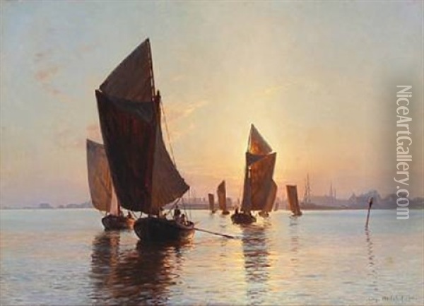 Coastal Scene From Dragor With Fishing Boats At Sunrise Oil Painting - Christian Ferdinand Andreas Molsted