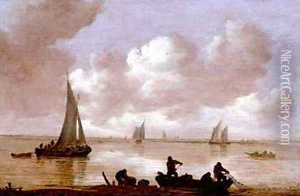 An estuary with fisherman hauling in their nets Oil Painting - Jan van Goyen