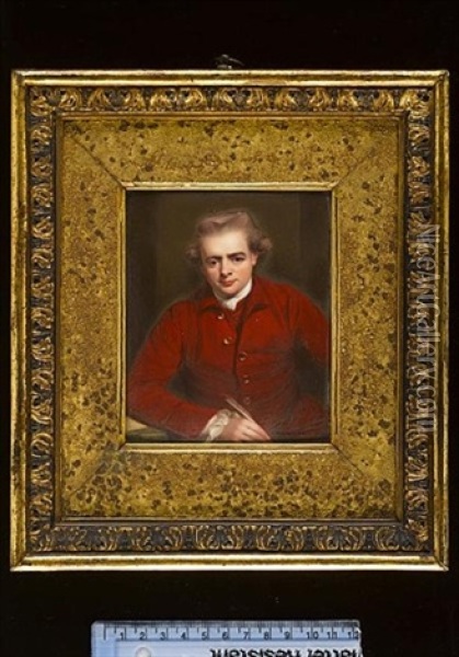 John Gawler Wearing Red Coat With Gold Buttons, Red Waistcoat, White Chemise And Tied Cravat, Leaning On A Book Placed Upon A Table And Holding A Quill Oil Painting - Henry Bone