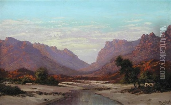South African Scene With Mountains Oil Painting - Tinus de Jongh