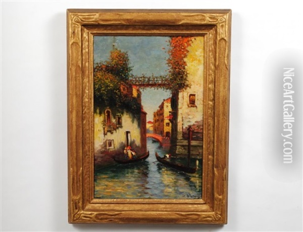 Venetian Canal With Gondolas Oil Painting - Richard Dey de Ribcowsky