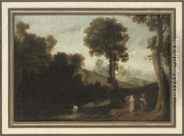 A Wooded River Landscape With An
 Angler In The Foreground, And Figures Conversing On A Path Oil Painting - Richard Wilson