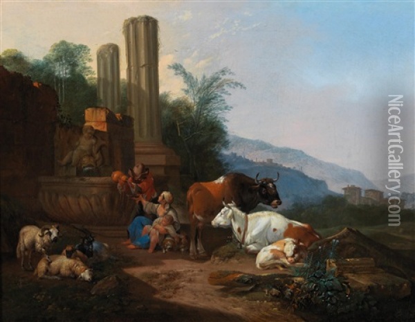 An Italian Landscape With Antique Ruins And A Shepherd Family With Their Flock Oil Painting - Johann Heinrich Roos