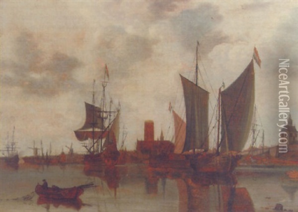 A View Of Rotterdam With Moored Sailing Vessels In The Harbour, The Laurenskerk, Oude Hoofdpoort And Kruithuis Beyond Oil Painting - Claes Jansz van der Willigen