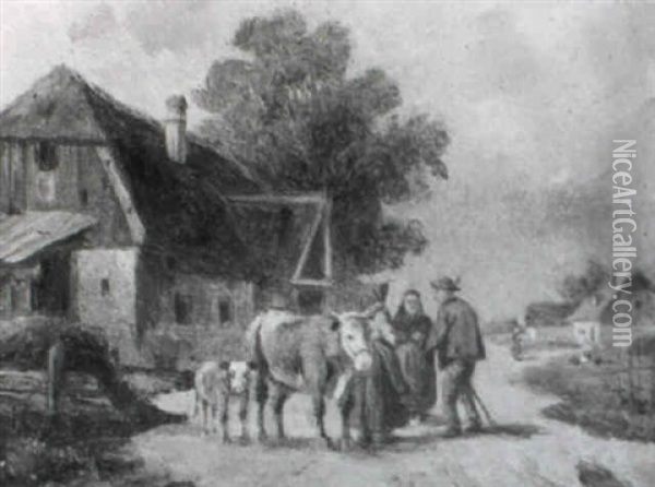 Bauerinnen, Bauer Und Vieh Auf Der Dorfstrase Oil Painting - Ludwig Mueller-Cornelius
