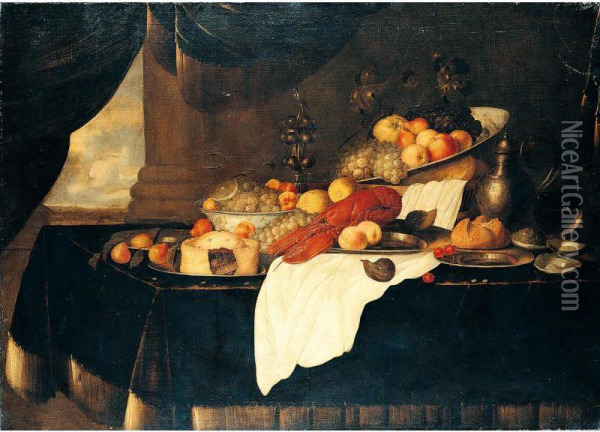 Still Life Of A Lobster, A Pie And Various Fruits In Blue And White Bowls And On Pewter Plates, Together With A Basket Of Bread, A Wine Glass, Gilt Goblet, Pewter Flagon, Oysters And A Fig On A Table Draped With A Red Velvet Cloth Oil Painting - Andries De Coninck