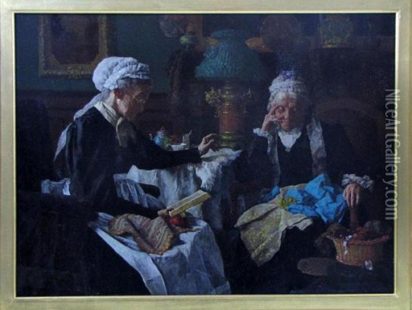 Elderly Sisters, Reading And Needleworking Oil Painting - Louis Charles Moeller