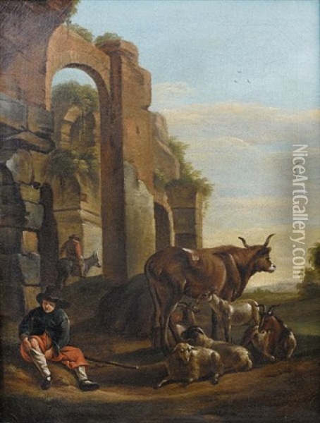 A Huntsman With His Dogs And Horse Resting Before A Fountain (+ A Shepherd With Goats, Sheep And A Bull Before Ruins; Pair) Oil Painting - Johann Heinrich Roos
