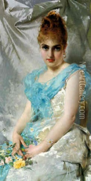 An Elegant Lady With Flowers Oil Painting - Vittorio Matteo Corcos