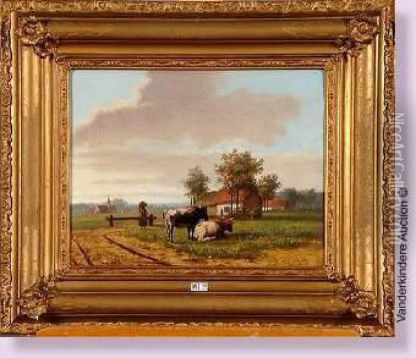 Paysage Anime Aux Vaches Oil Painting - A. Detroyer
