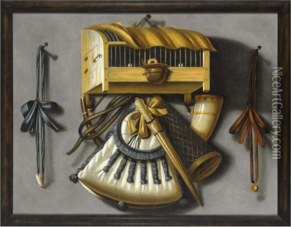 A Trompe L'oeil Still Life Of Hunting Equipment And A Caged Bird Hanging From A Wall Oil Painting - Johannes Leemans