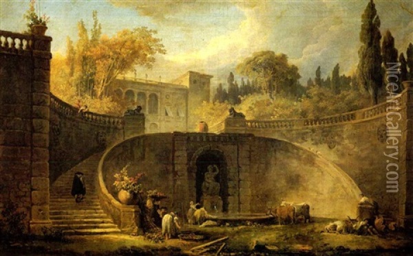A View Of The Gardens And The Grand Staircase Of The Farnesepalace At Caprarla Oil Painting - Hubert Robert