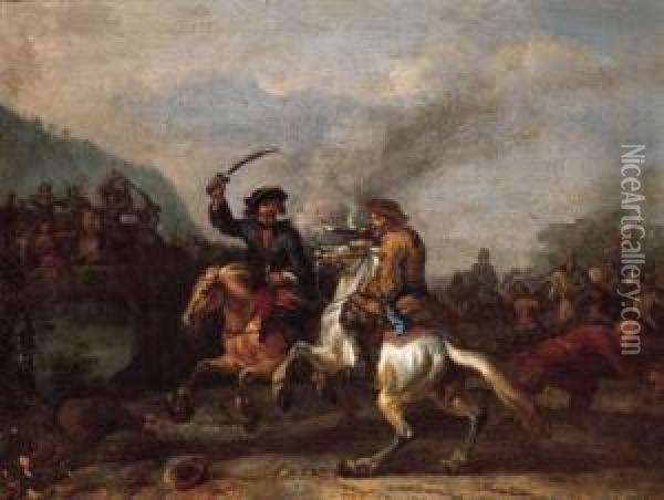 A Cavalry Skirmish By A Bridge Oil Painting - Peeter Verdussen