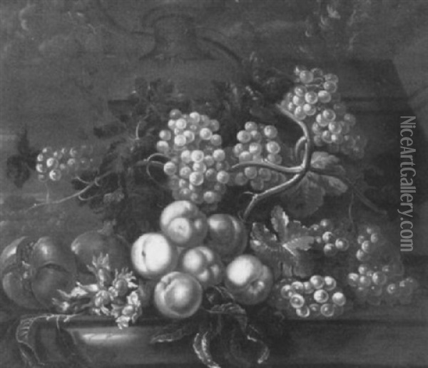 Grapes, Peaches And Pomegranates On A Ledge Oil Painting - Jakob Bogdani