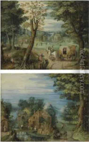 Travelers At A Crossroads With A Village Beyond Oil Painting - Christoffel van den Berghe