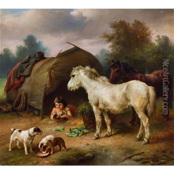 Madchen, Pferde Und Hundewelpen Vor Einem Zelt Oil Painting - Walter Hunt