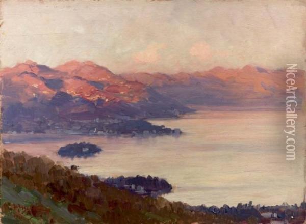 Il Lago Maggiore Al Tramonto - 1931 Oil Painting - Achille Beltrame