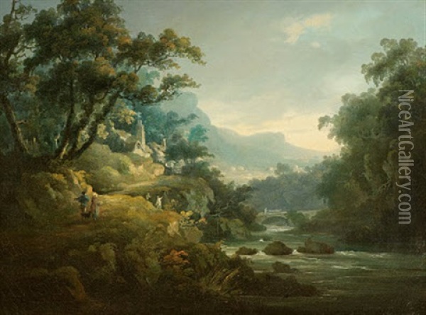 Flusslandschaft Mit Steinbrucke Oil Painting - Julius Caesar Ibbetson