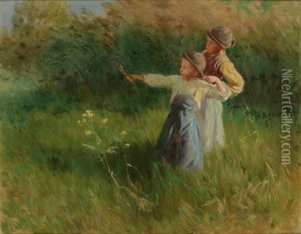 Zwei Kinder Auf Sommerwiese Uben Mit Der Steinschleuder Oil Painting - Geza Peske