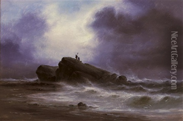 Out On The Rocks, The Tide Receding Oil Painting - Sarah Louise Kilpack