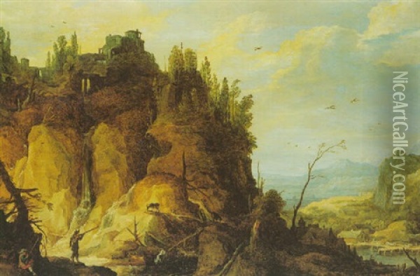 A Mountainous Panoramic Landscape With Huntsmen Shooting Ibex Oil Painting - Joos de Momper the Younger