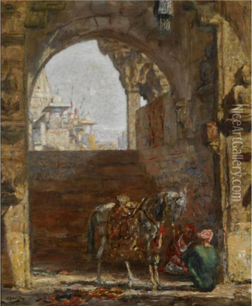 Figures And A Horse Under A Gateway, India Oil Painting - Marius Bauer
