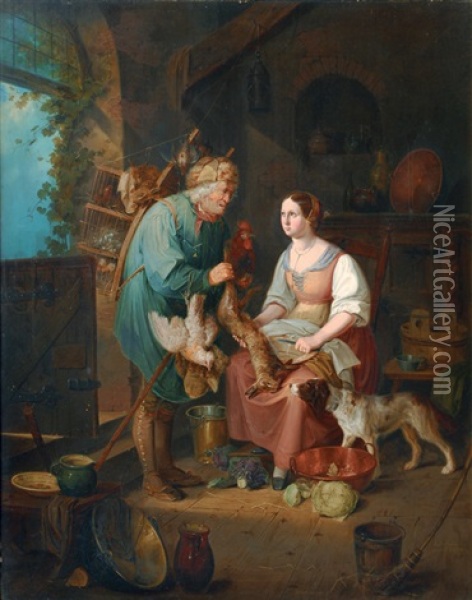 The Visit Of The Poultry Seller Oil Painting - Anton Jahn