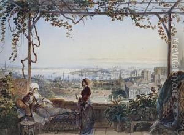 Istanbul, From A Terrace In Pera Oil Painting - Amadeo Preziosi