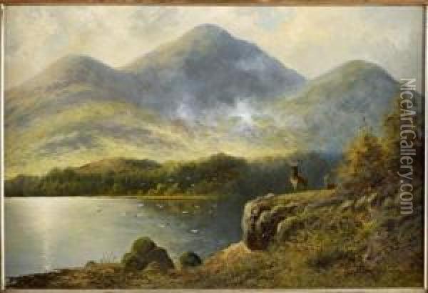Stags Above A Highland Loch Oil Painting - Charles Stuard