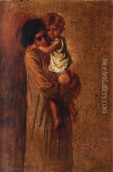 A Mother And Her Daughter Oil Painting - Enoch Henryck (Enrico) Glicenstein
