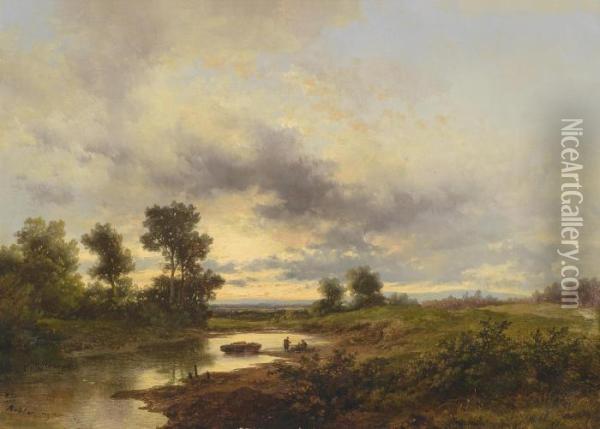 River Landscape In The Evening Light Oil Painting - Remigius Adriannus van Haanen