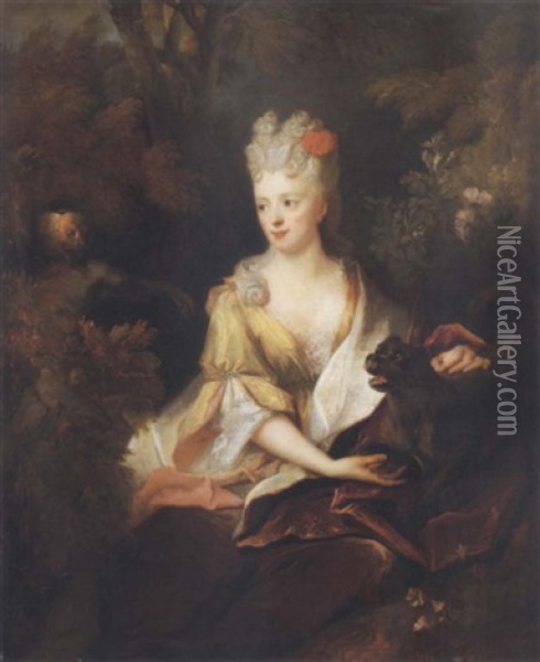 Portrait Of A Lady With Her Pet Dog And A Monkey Oil Painting - Nicolas de Largilliere