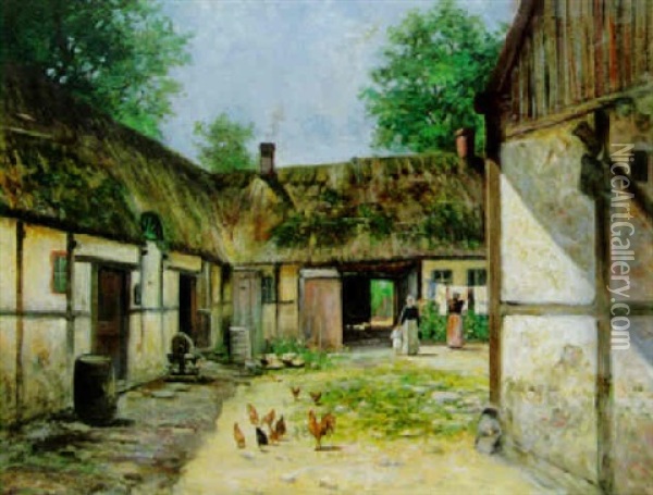 Gardsinterior Med Kvinnor, Barn Och Hons, Falsterbo Oil Painting - Frans Wilhelm Odelmark